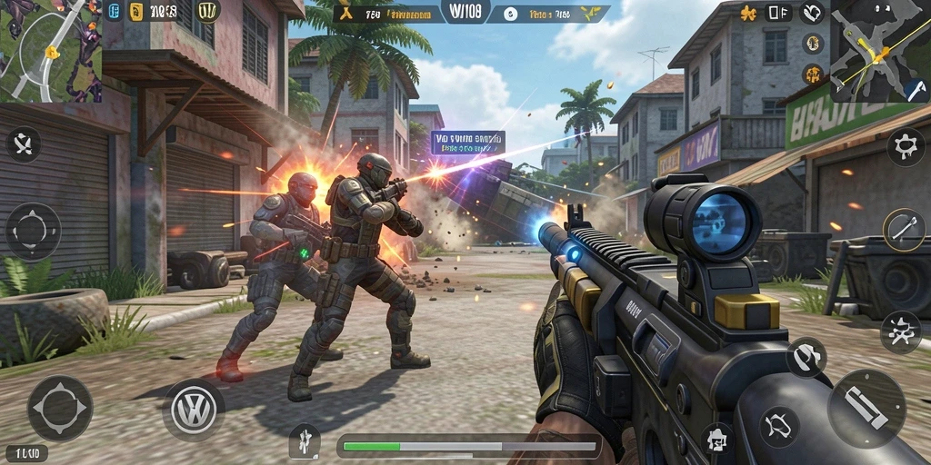 Tangkapan layar yang menampilkan aksi intens dalam game TPS.